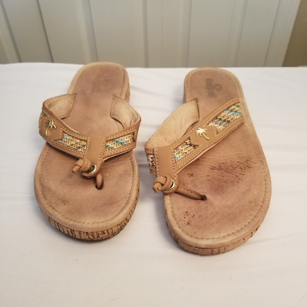 Margaritaville Women Tan Leather Woven Palm Tree Thong Flip Flop Sandals Size 8